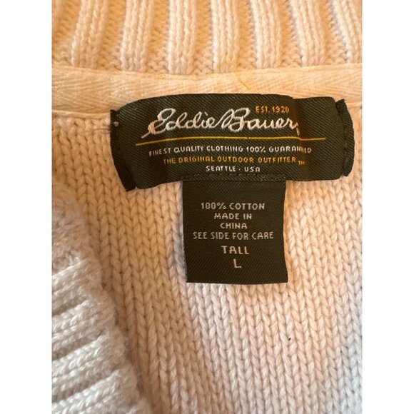 Eddie Bauer  V-Neck Sweater L Tall 100% Cotton White Coastal Old Money Preppy - Picture 2 of 6